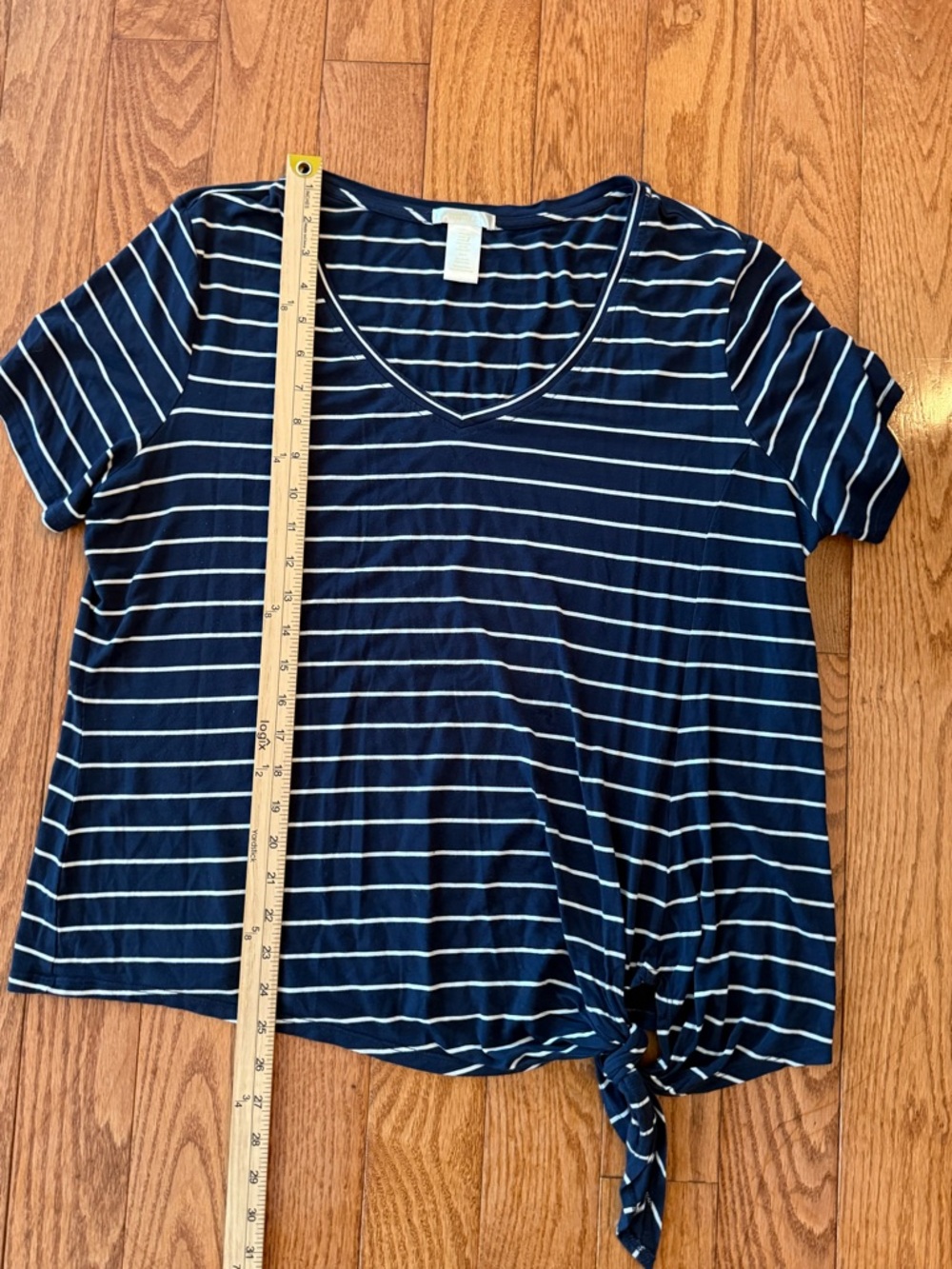 Matty M Women's Top V Neck  Side Tie Tee, Navy Stripe, Size XL Coastal Nautical